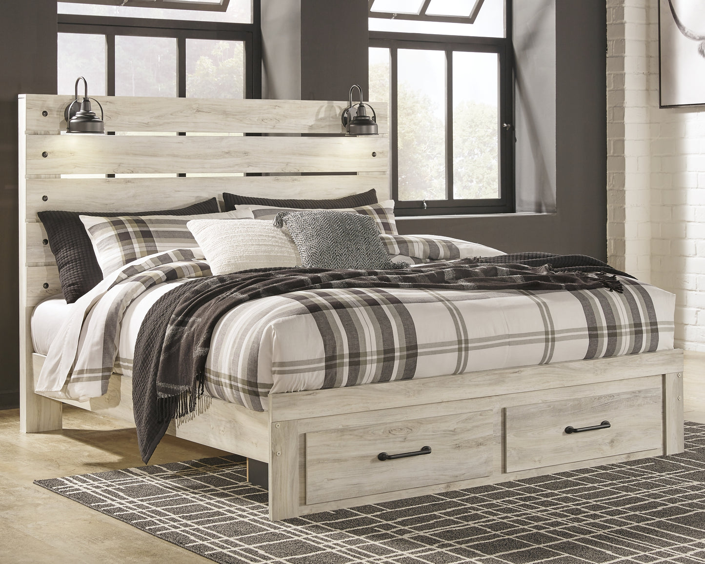 Cambeck Panel Bed With 2 Storage Drawers With Mirrored Dresser And Chest