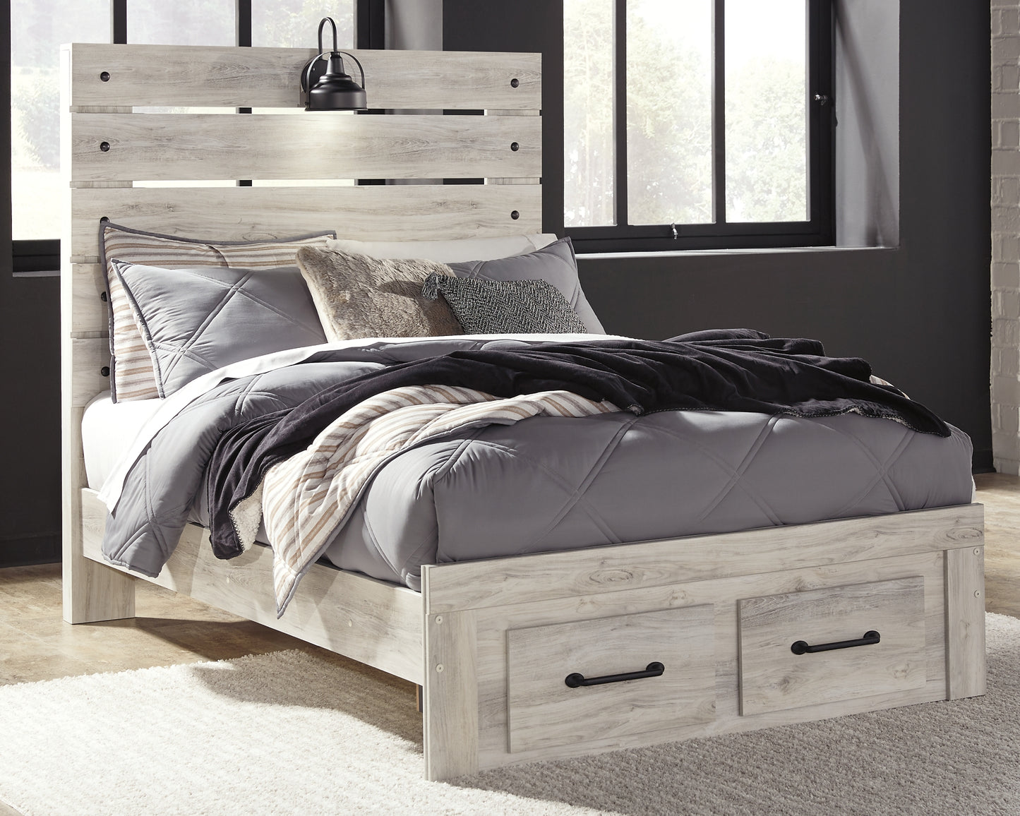 Cambeck Panel Bed With 2 Storage Drawers With Mirrored Dresser And Chest