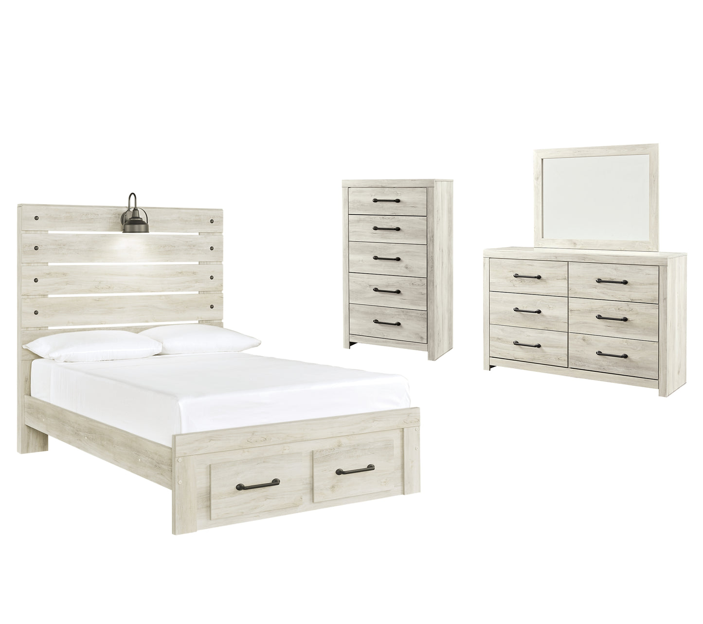 Cambeck Panel Bed With 2 Storage Drawers With Mirrored Dresser And Chest