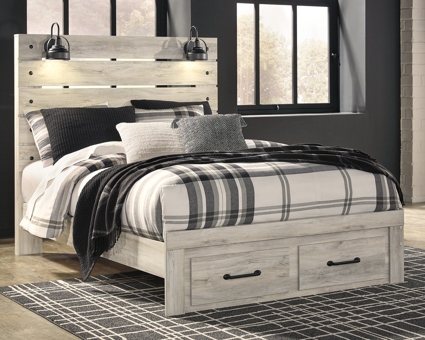 Cambeck Panel Bed With 2 Storage Drawers With Mirrored Dresser And Chest