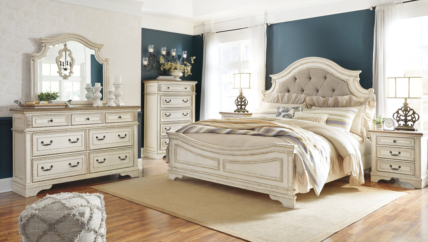 Realyn Upholstered Panel Bed With Mirrored Dresser, Chest And 2 Nightstands