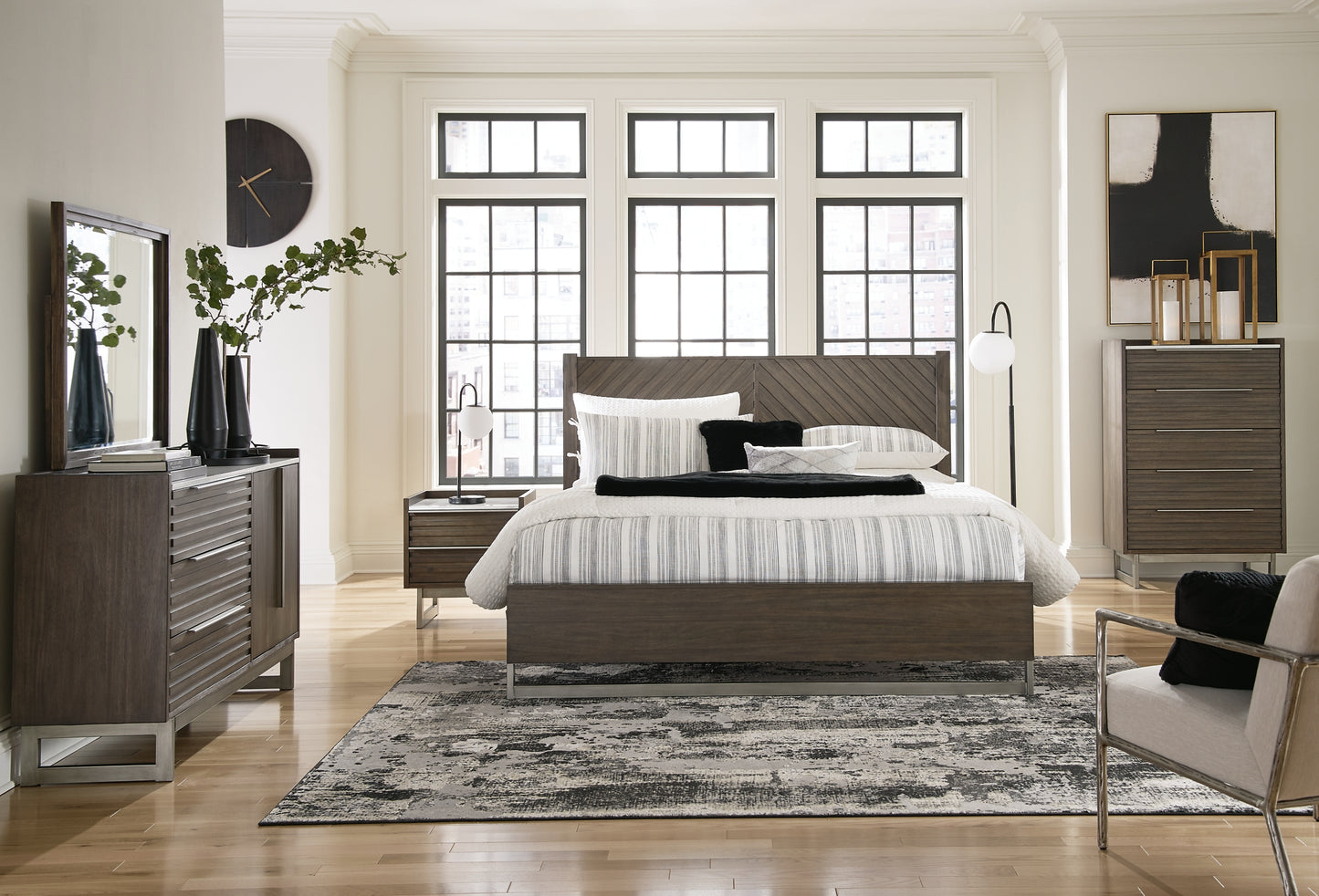 Arkenton California King Panel Bed with Mirrored Dresser, Chest and Nightstand