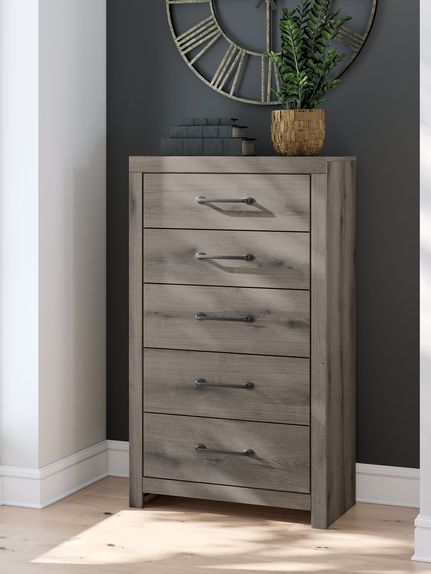 Graystorm Full Panel Bed with Storage with Mirrored Dresser and Chest