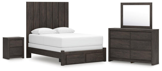 Parlayon Queen Panel Storage Bed, Dresser, Mirror and Nightstand