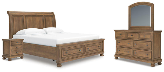 Vandenmore King Storage Sleigh Bed with Mirrored Dresser and Nightstand