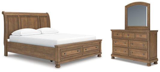 Vandenmore California King Storage Sleigh Bed with Mirrored Dresser
