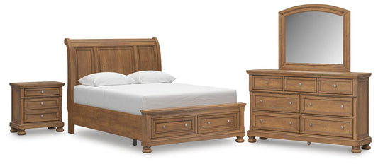 Vandenmore Queen Storage Sleigh Bed with Mirrored Dresser and Nightstand