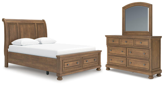 Vandenmore Queen Storage Sleigh Bed with Mirrored Dresser
