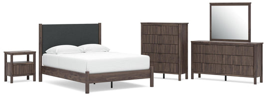 Cadmori Queen Upholstered Panel Platform Bed, Dresser, Mirror, Chest and Nightstand
