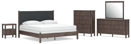 Cadmori King Upholstered Panel Bed, Dresser, Mirror, Chest and Nightstand