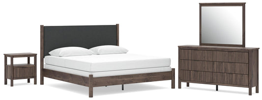 Cadmori King Upholstered Panel Bed, Dresser, Mirror and Nightstand