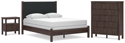 Cadmori Queen Upholstered Panel Bed, Dresser, Mirror and Nightstand