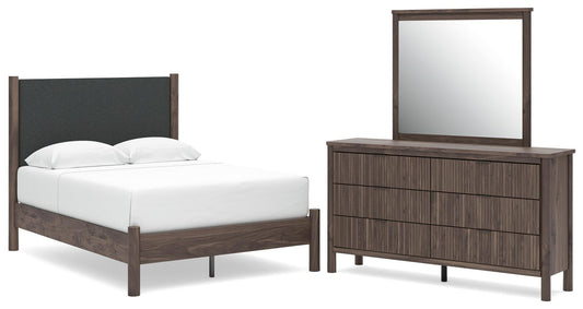 Cadmori Full Upholstered Panel Platform Bed, Dresser and Mirror