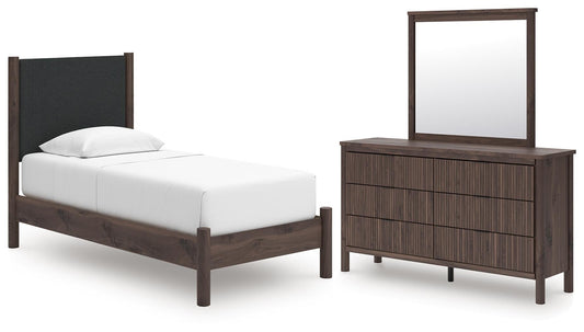 Cadmori Twin Upholstered Panel Platform Bed, Dresser and Mirror