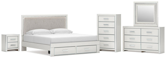 Birmonton King Upholstered Panel Platform Storage Bed, Dresser, Mirror, Chest and Nightstand