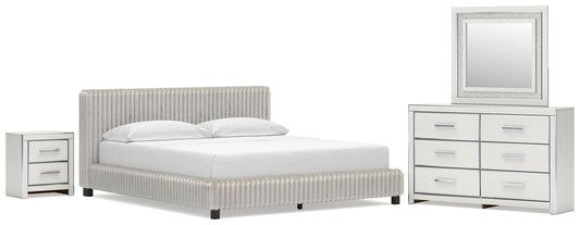Birmonton California King Upholstered Bed, Dresser, Mirror and Nightstand