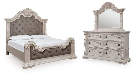 Andonhall King Upholstered Panel Bed with Mirrored Dresser