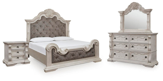 Andonhall King Upholstered Panel Bed with Mirrored Dresser and Nightstand