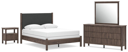 Cadmori Queen Upholstered Panel Bed, Dresser, Mirror and Nightstand