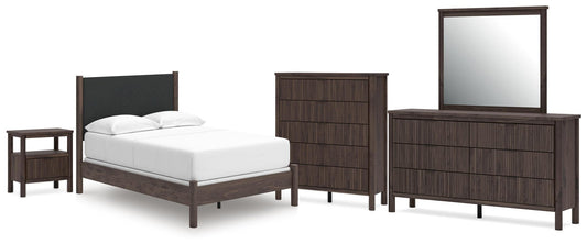 Cadmori Full Upholstered Panel Bed, Dresser, Mirror, Chest and Nightstand