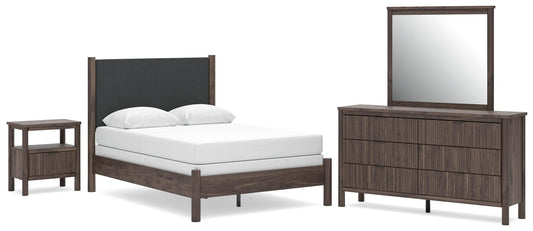Cadmori Full Upholstered Panel Bed, Dresser, Mirror and Nightstand