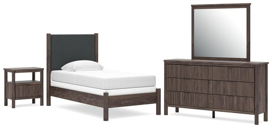 Cadmori Twin Upholstered Panel Bed, Dresser, Mirror, Chest and Nightstand