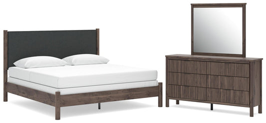 Cadmori King Upholstered Panel Bed, Dresser and Mirror