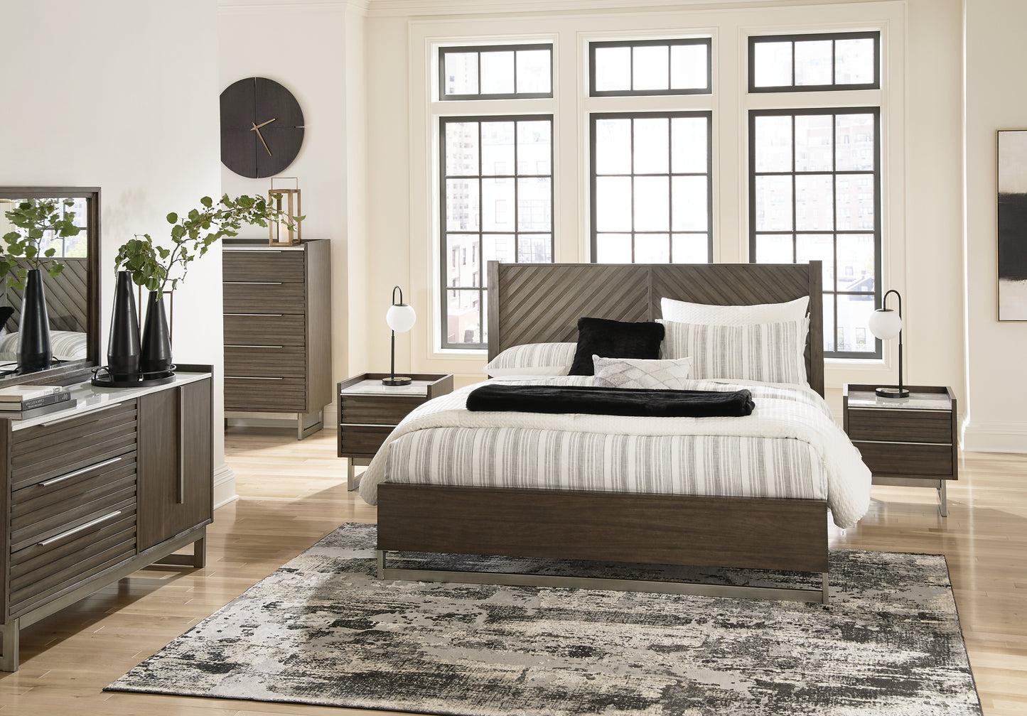 Arkenton California King Panel Bed with Mirrored Dresser, Chest and 2 Nightstands