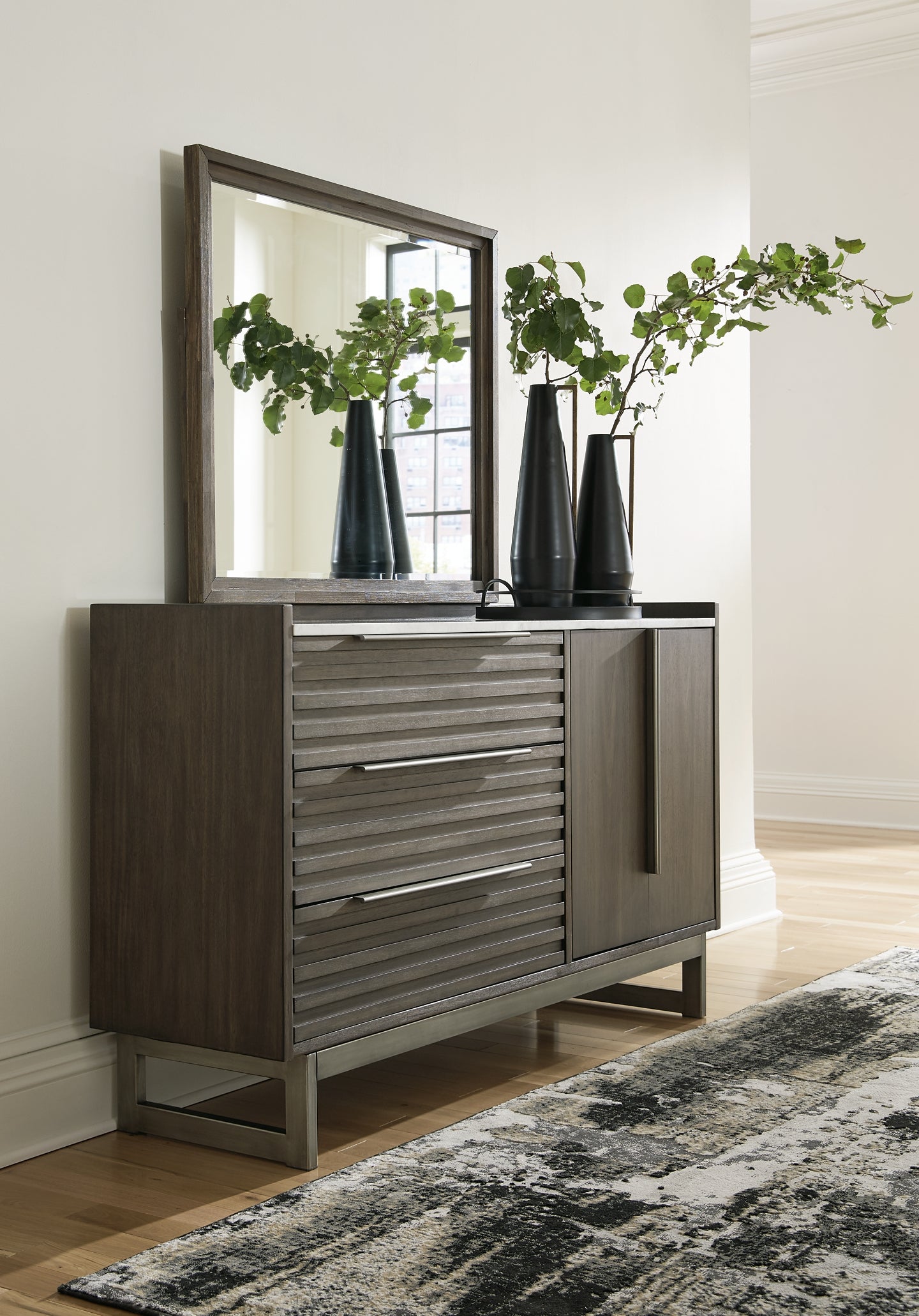 Arkenton California King Panel Bed with Mirrored Dresser, Chest and 2 Nightstands