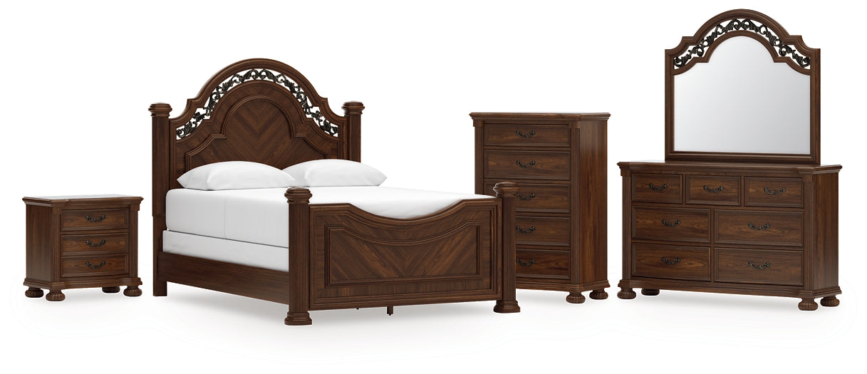 Lavinton Queen Poster Bed with Mirrored Dresser, Chest and Nightstand
