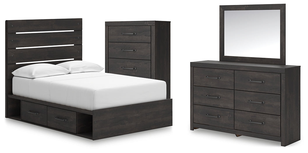 Hollivern Full Panel Bed with Storage with Mirrored Dresser and Chest