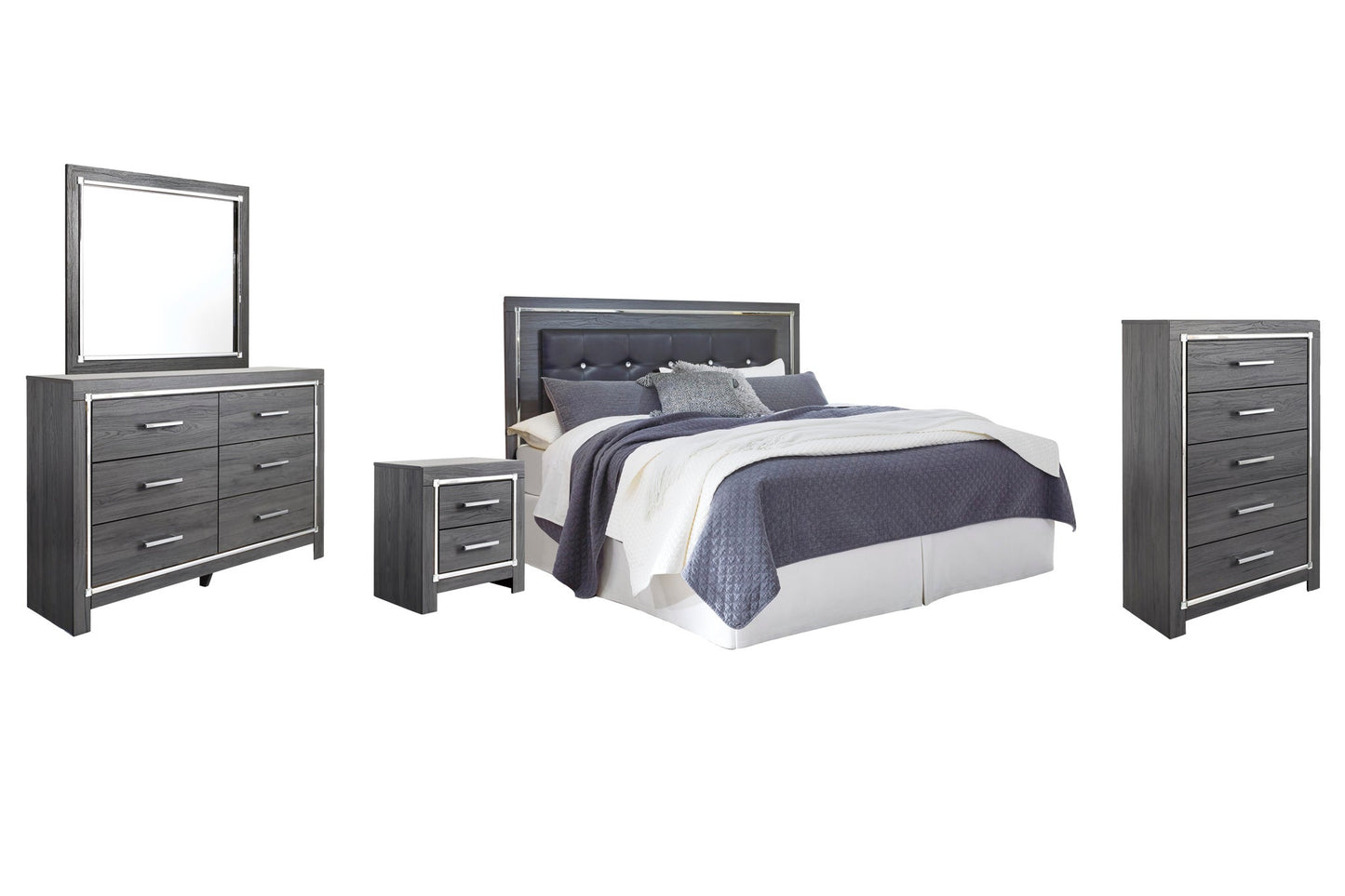 Lodanna King/California King Upholstered Panel Headboard Bed with Mirrored Dresser, Chest and Nightstand