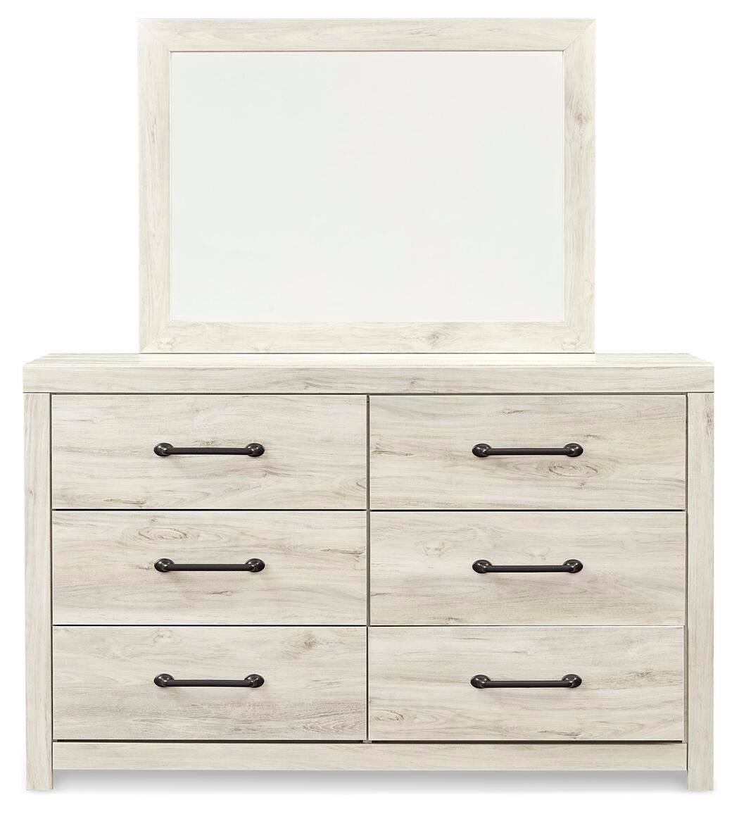Cambeck Queen Panel Bed with 2 Storage Drawers with Mirrored Dresser