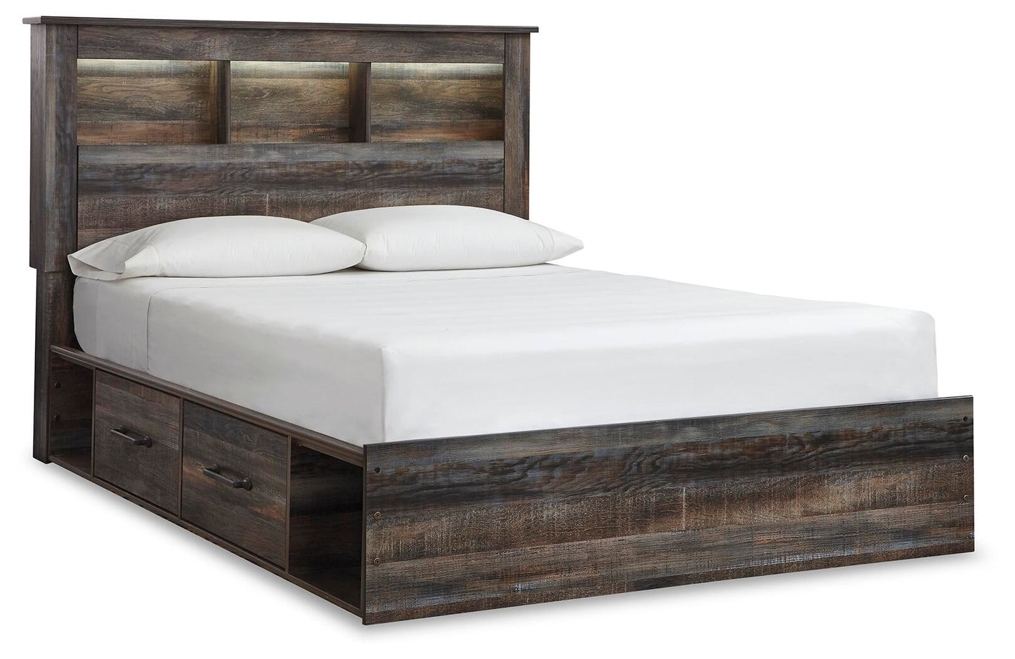 Drystan Queen Bookcase Bed with 2 Storage Drawers, Dresser, Mirror, Chest and Nightstand