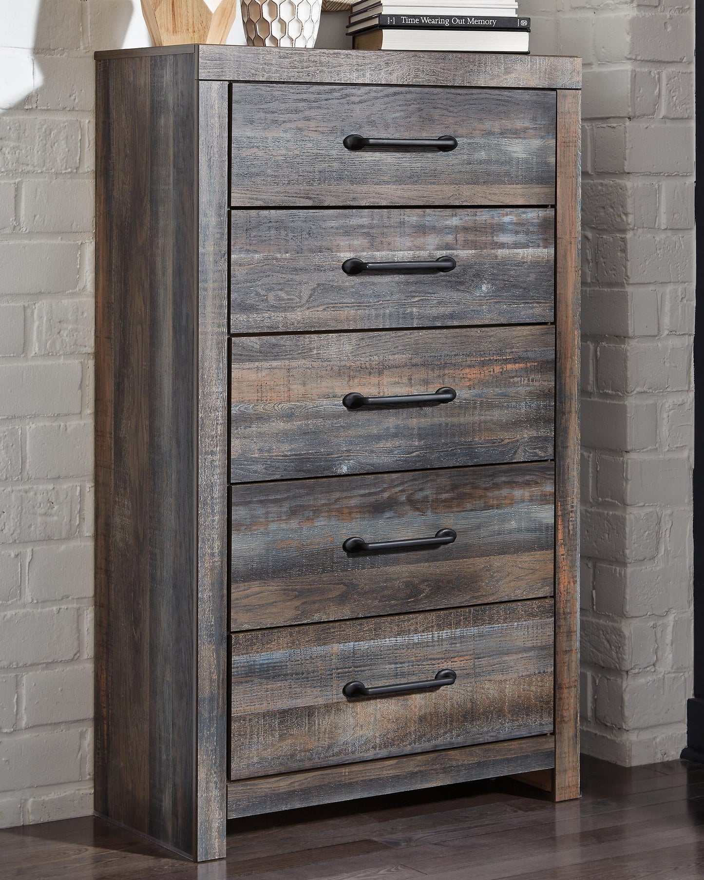 Drystan Queen Bookcase Bed with 2 Storage Drawers, Dresser, Mirror, Chest and Nightstand