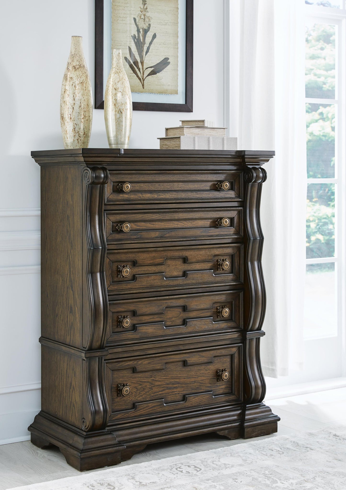 Maylee California King Upholstered Bed, Dresser, Mirror, Chest and Nightstand