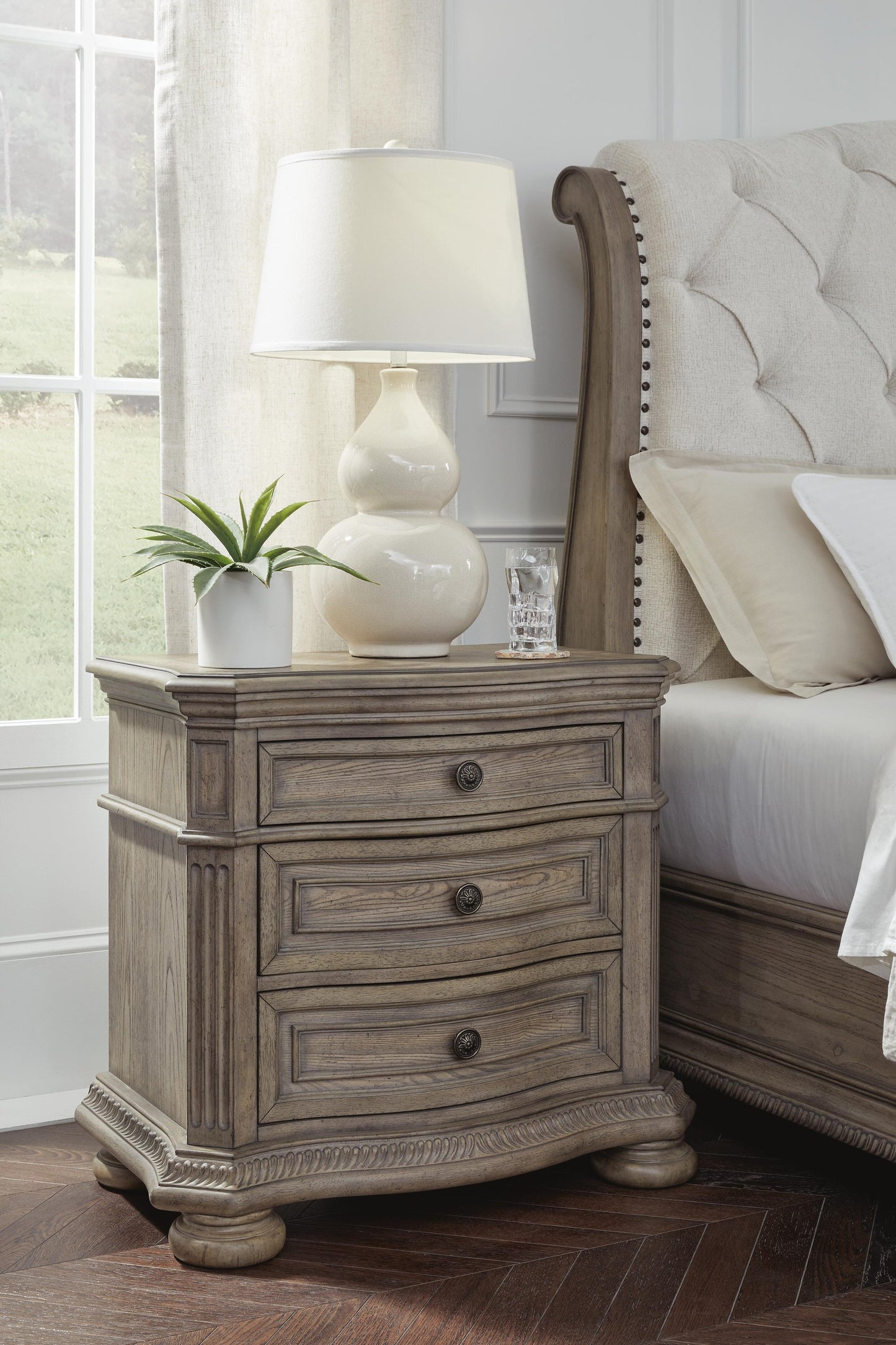 Ardenfield California King Upholstered Sleigh Bed, Dresser, Mirror and Nightstand