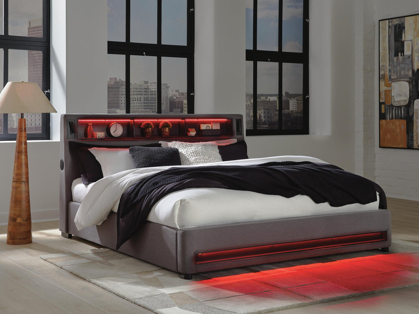 Cayberry California King Upholstered Bed with Wireless Audio