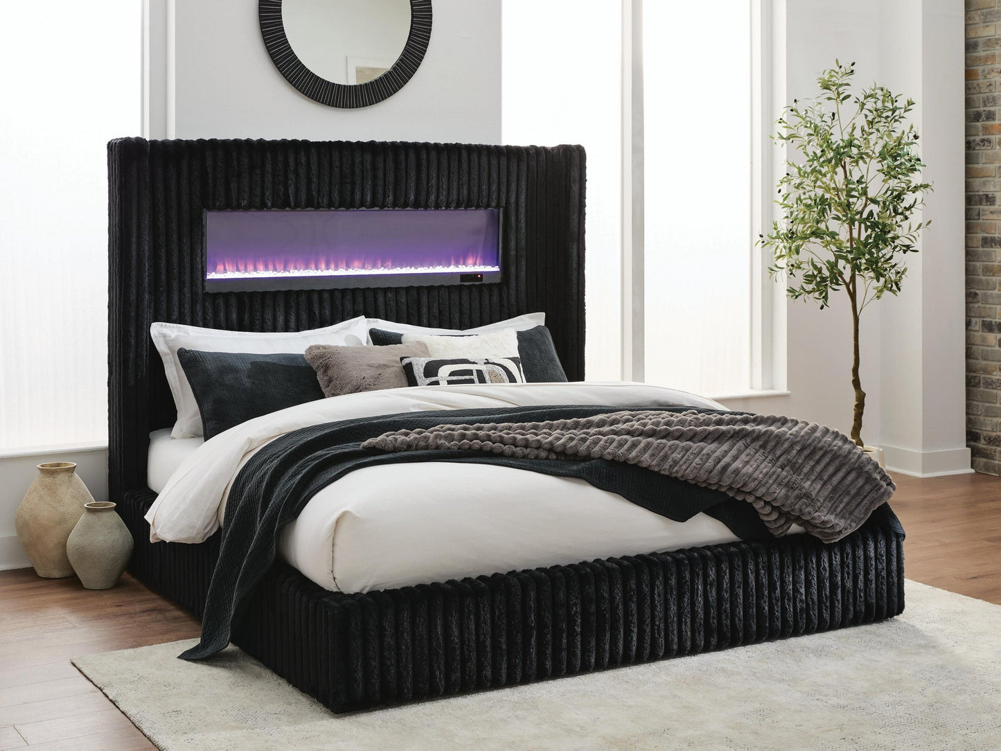 Agrander King Upholstered Bed with Fireplace and Wireless Audio