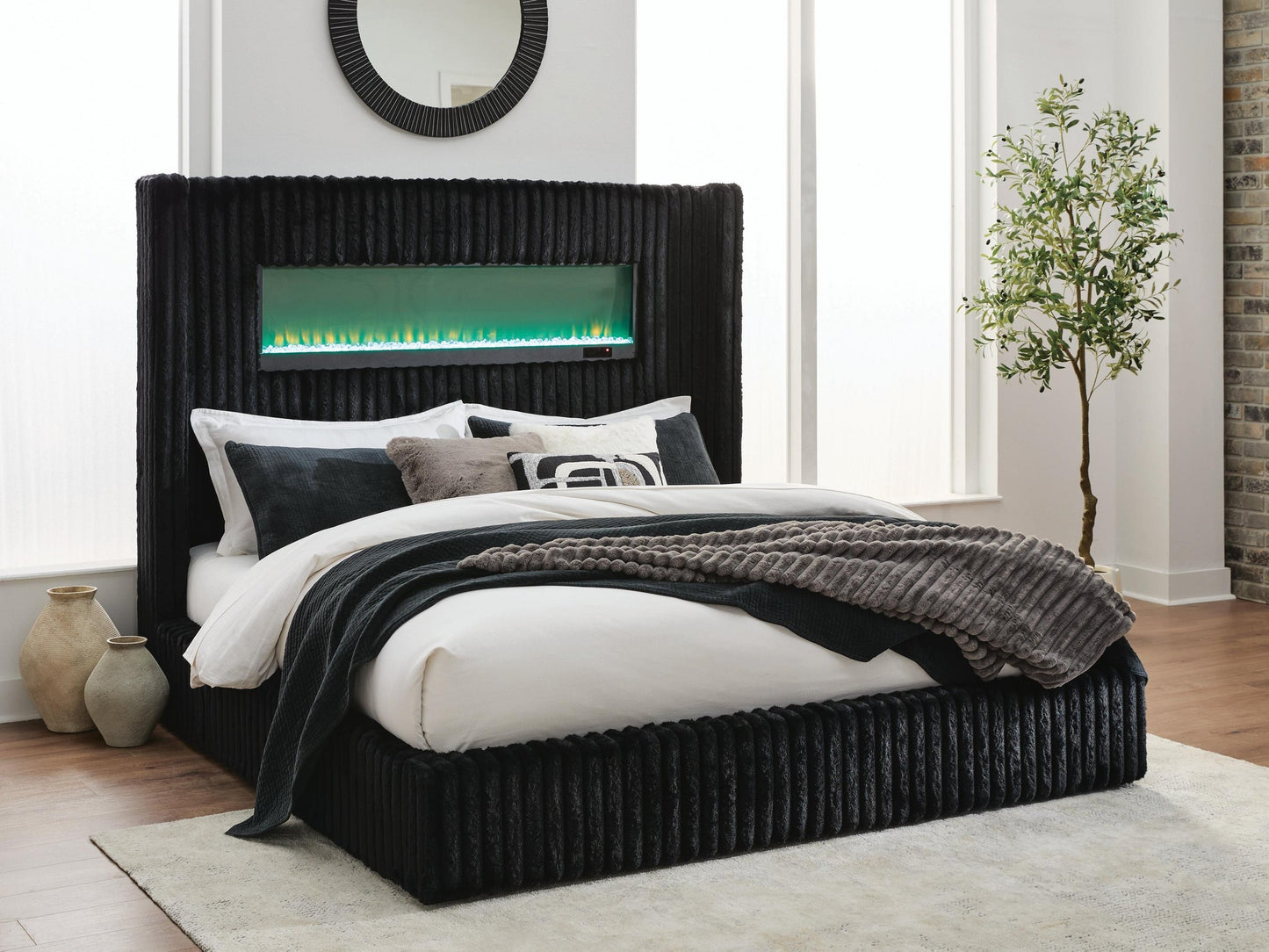 Agrander King Upholstered Bed with Fireplace and Wireless Audio