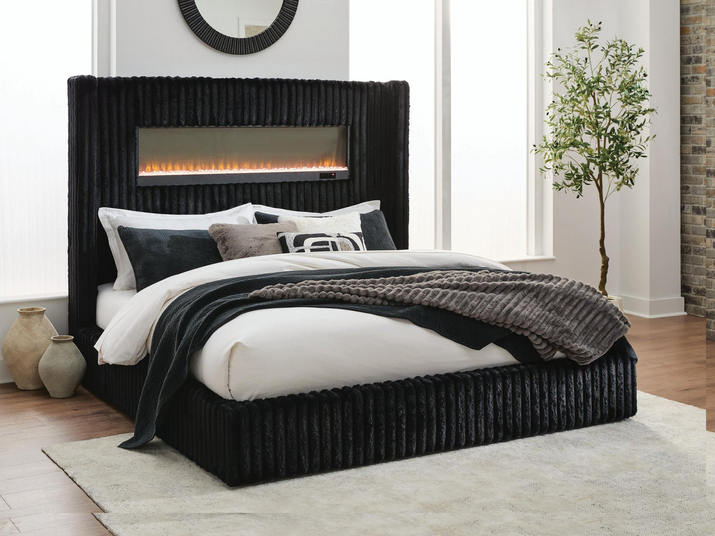 Agrander Queen Upholstered Bed with Fireplace and Wireless Audio