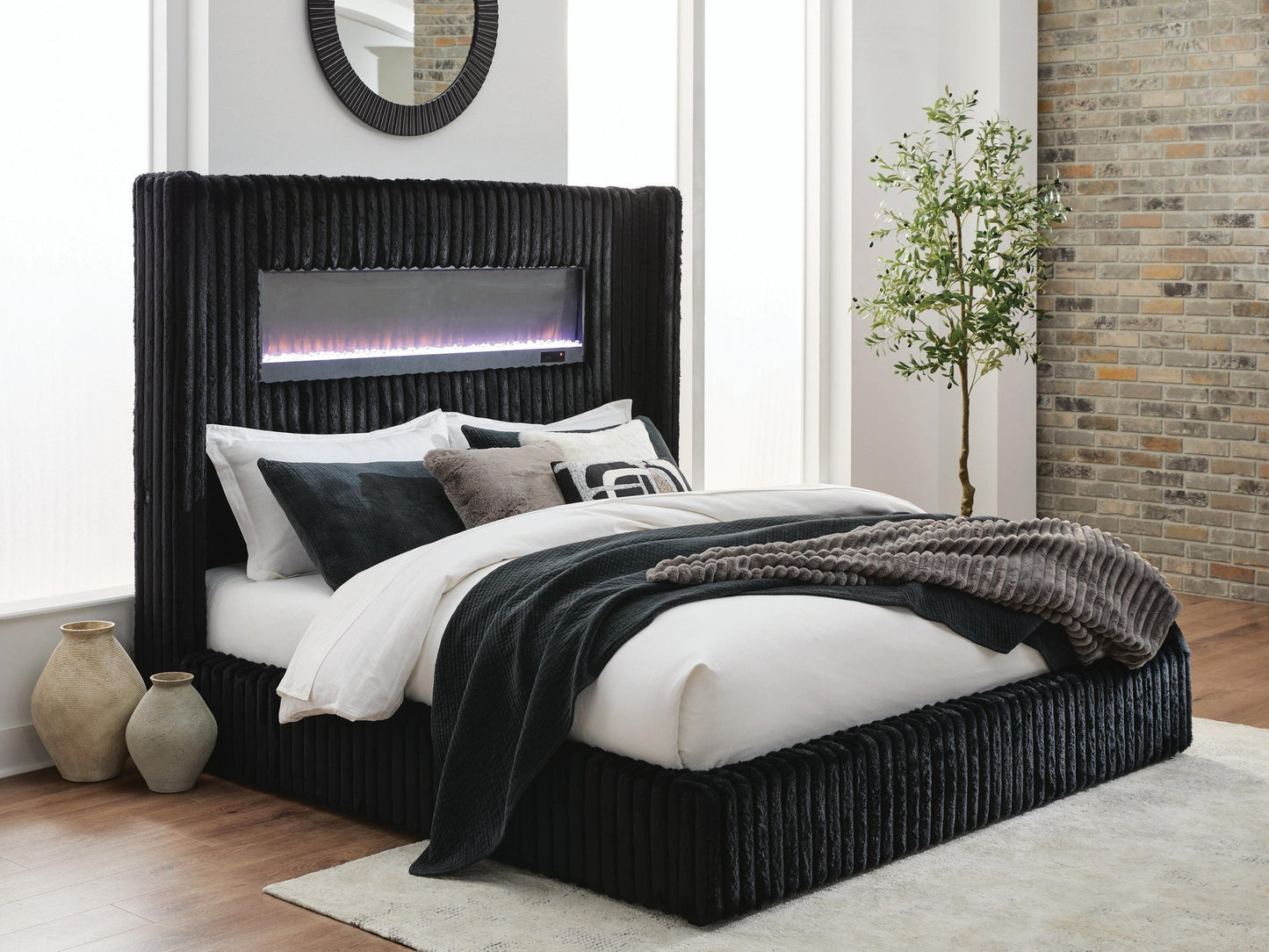 Agrander King Upholstered Bed with Fireplace and Wireless Audio