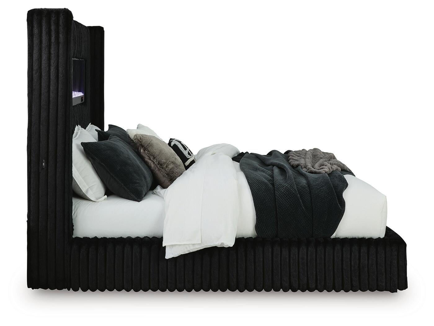 Agrander Queen Upholstered Bed with Fireplace and Wireless Audio