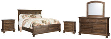 Load image into Gallery viewer, Flynnter Queen Panel Bed with 2 Storage Drawers with Mirrored Dresser and 2 Nightstands
