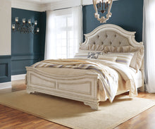 Load image into Gallery viewer, Realyn Queen Upholstered Panel Bed with Mirrored Dresser and 2 Nightstands
