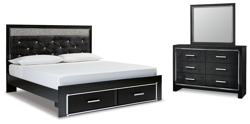 Kaydell King Upholstered Panel Storage Bed with Mirrored Dresser