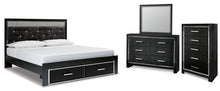 Load image into Gallery viewer, Kaydell King Upholstered Panel Storage Platform Bed with Mirrored Dresser and Chest
